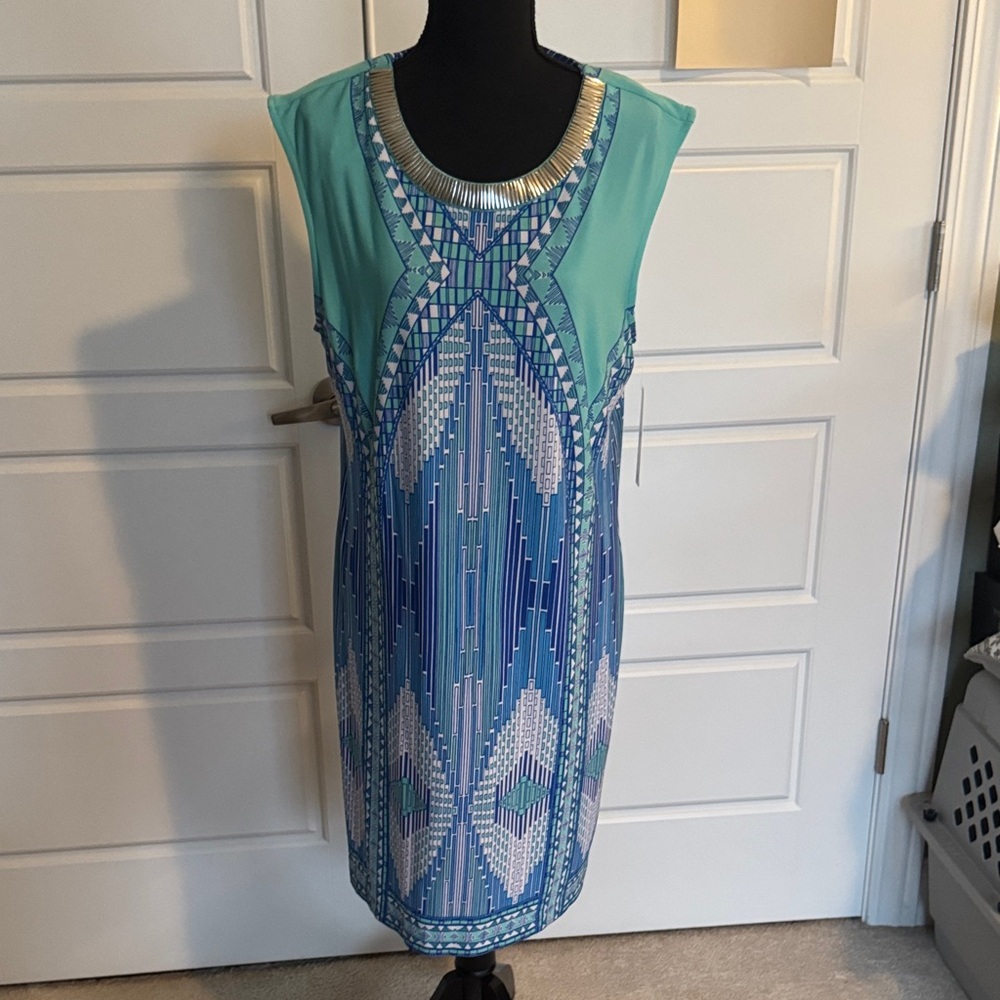 Sandra Darren Blue and Green Geometric Dress